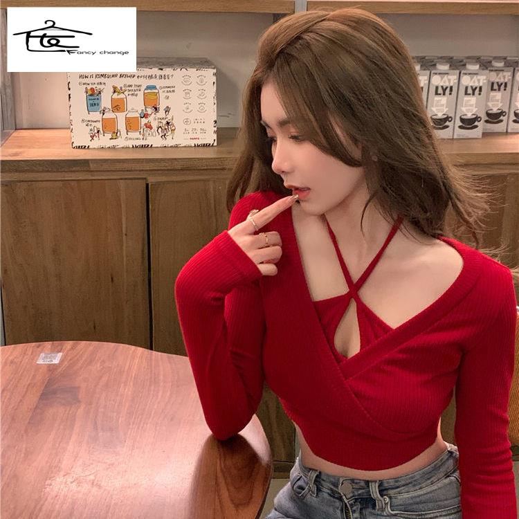 Áo Thun Cổ Chữ V Tay Dài Dáng Ngắn Thời Trang Xuân Thu Hàng Mới Dành Cho Bạn Nữ 2022