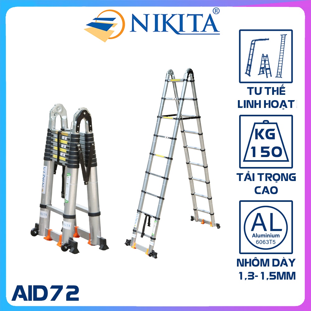 NIKITA - THANG NHÔM RÚT ĐÔI CHỮ A 7,2 M (3,6M + 3,6M) - CÓ BÁNH XE