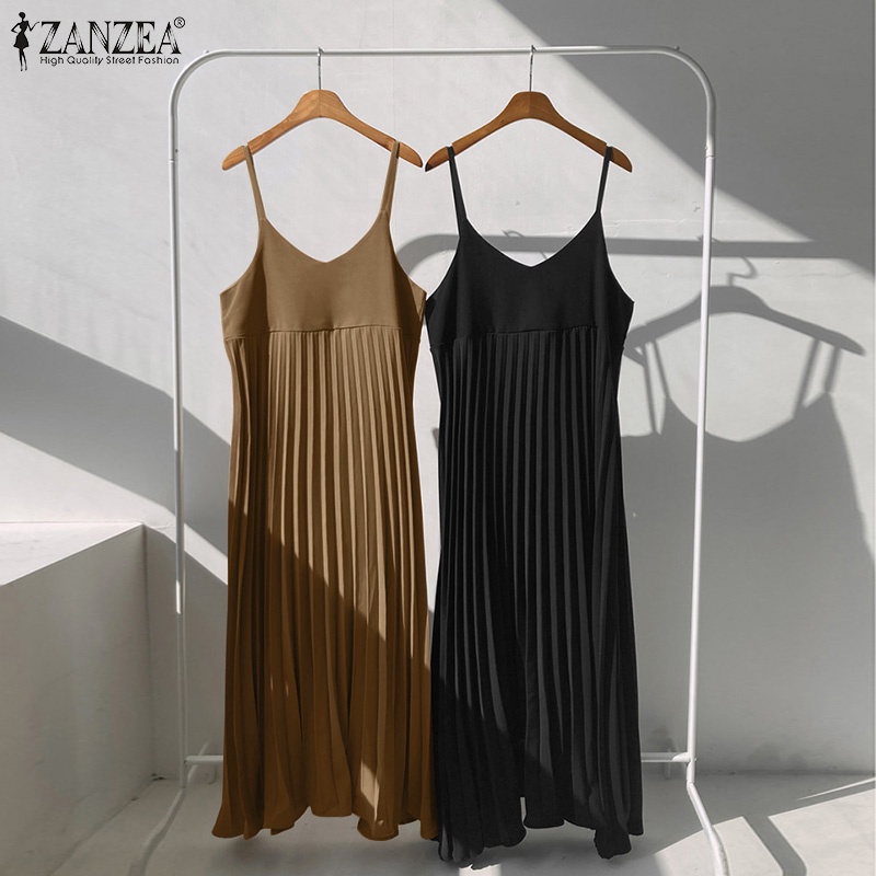 Đầm dài ZANZEA hai dây cổ chữ V kiểu xếp ly màu trơn nữ tính thanh lịch