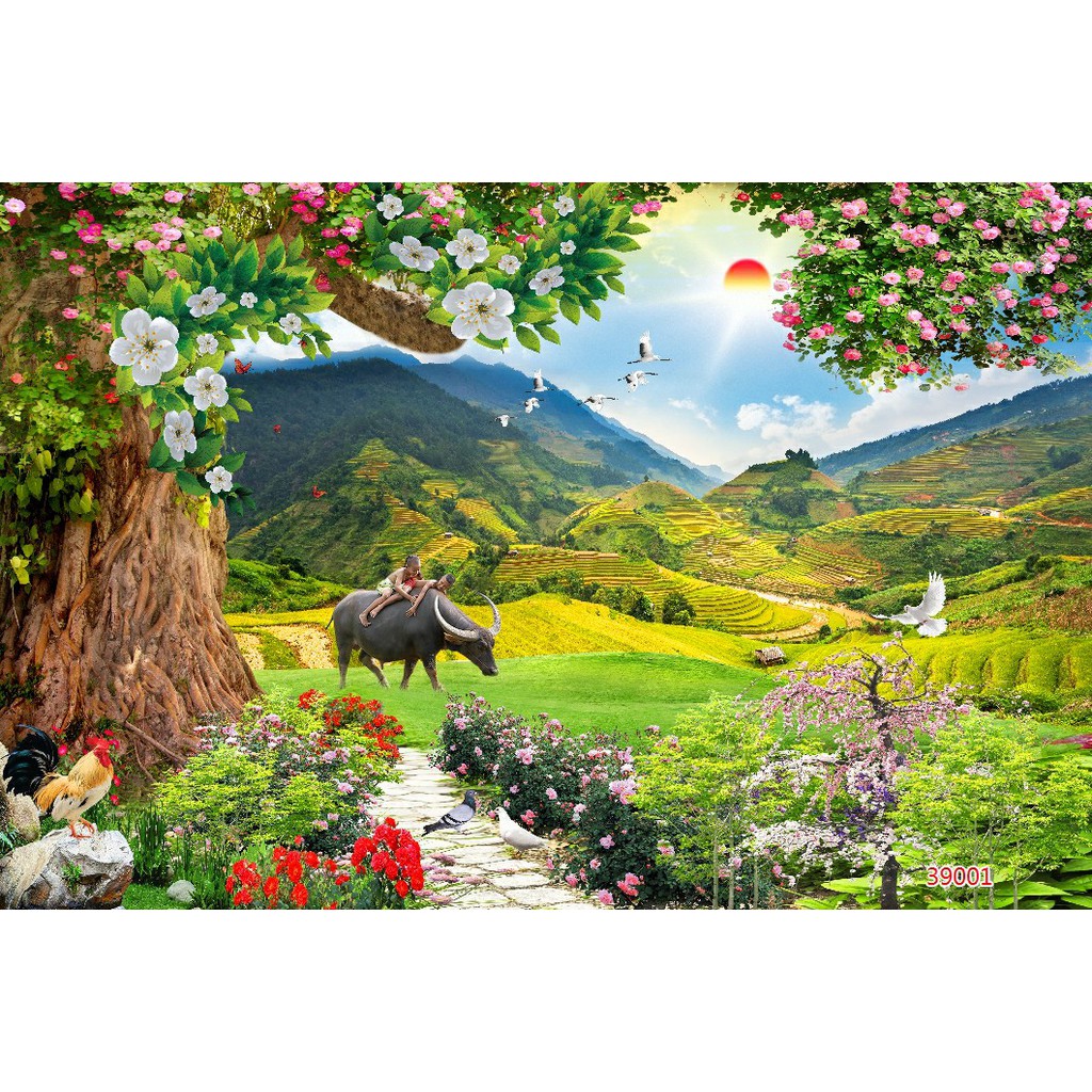 Tranh dán tường 3d phong cảnh thiên nhiên trang trí phòng khách chất liệu decal pp keo sẵn bóc dán atk16