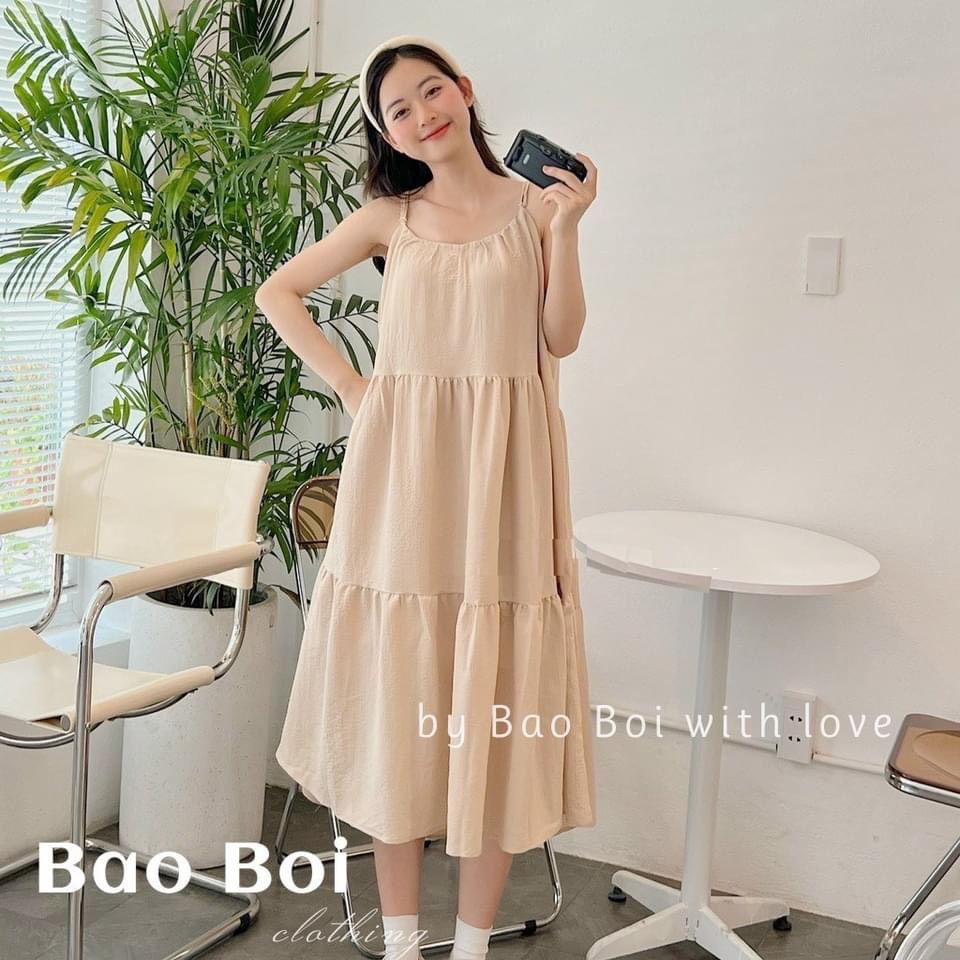 Váy maxi 2 dây 3 tầng đi biển - Đầm maxi babydoll 3 tầng dáng xuông vải đũi mềm mát rộng dài chuẩn mẫu