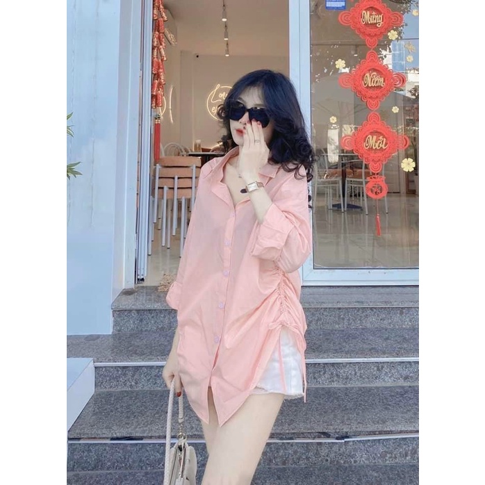Sét sơ mi áo hồng dây rút eo mix quần sooc đùi kaki trắng co giãn bao đẹp màu y hình