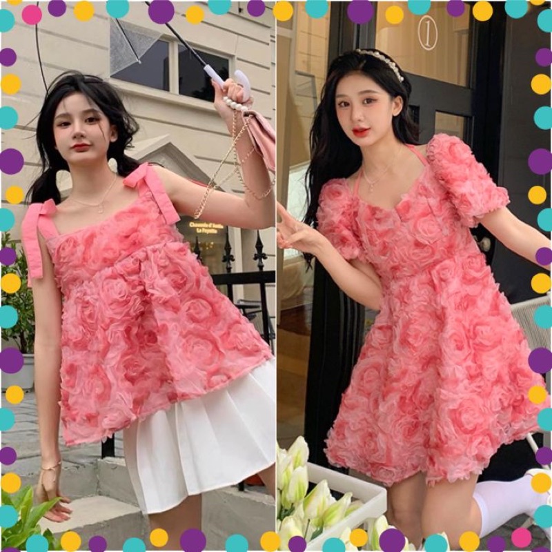 Áo Dây/ Váy Babydoll Hoa Hồng Nổi Siêu Cấp