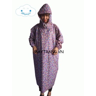 ÁO MƯA KHÔNG XẺ TÀ - VẢI DÙ CAO CẤP - BÔNG NHỎ TÍM THAN