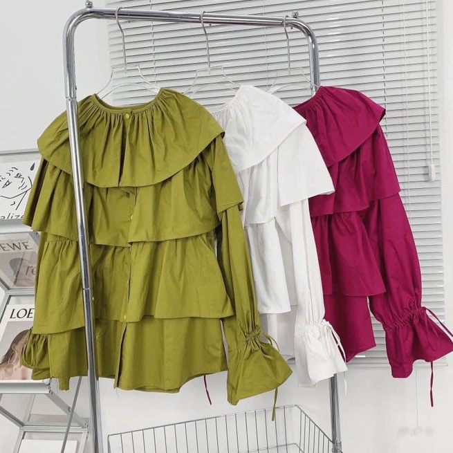 Áo sơ mi babydoll xòe tầng cổ tròn thắt nơ tay áo babydoll tiểu thư xinh xắn form rộng LD440