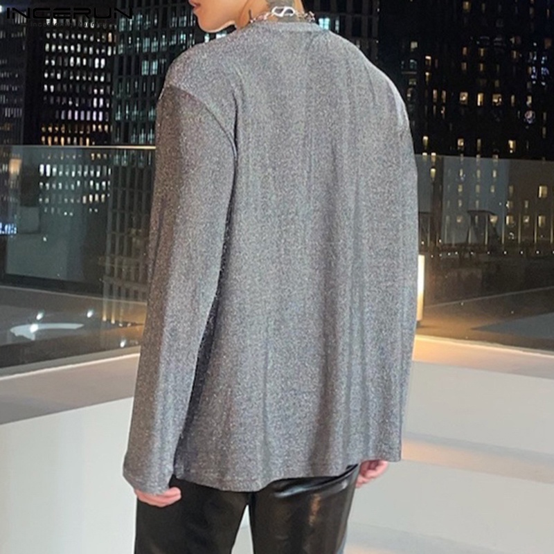 INCERUN Áo Thun Tay Dài Cổ Tròn Trong Suốt Sáng Bóng Cho Nam