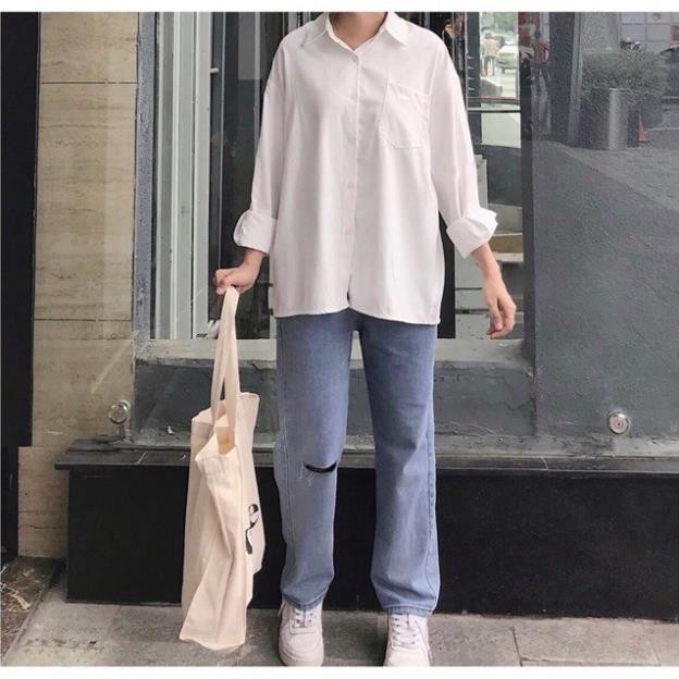 [Có size từ 28kg-75kg] áo sơ mi trắng form rộng đi học, BASIC UNISEX - áo sơ mi nữ túi ngực hàng siêu dày dặn, đẹp