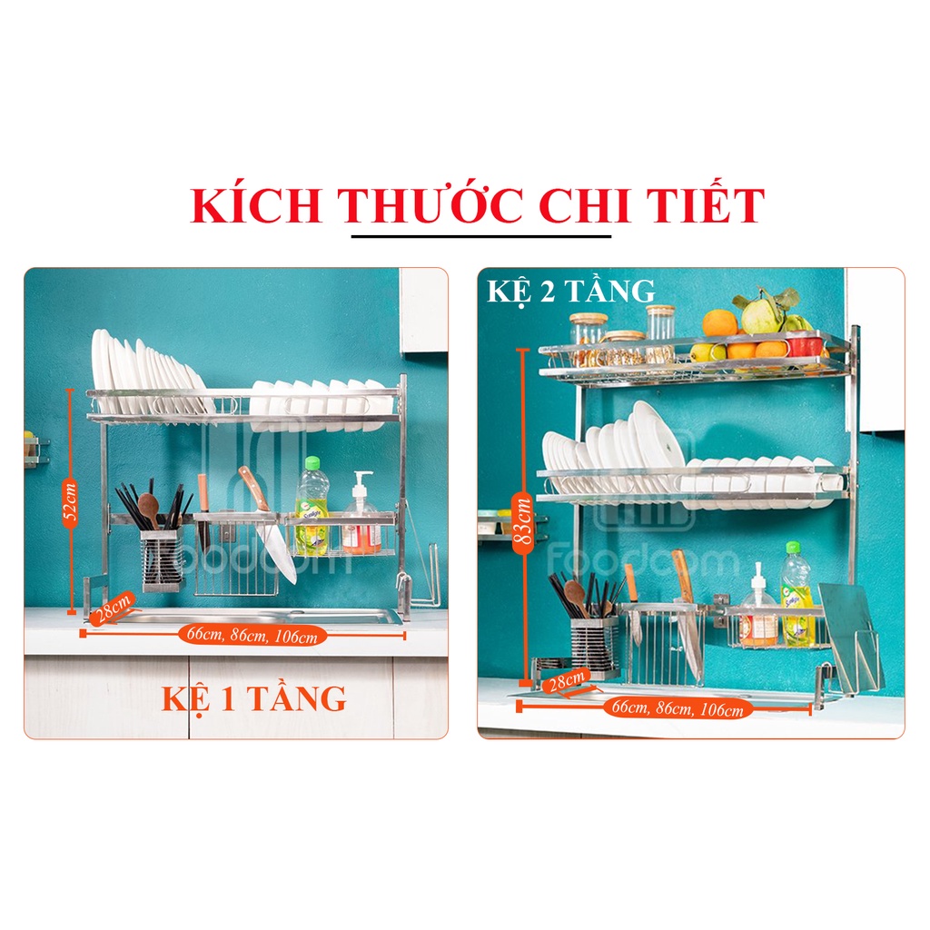 Kệ để chén trên bồn cao cấp Đa Năng Inox Foodcom Loại 1 Tầng, Kệ Úp Bát Đĩa Trên Bồn Rửa Thông Minh Tiện Lợi