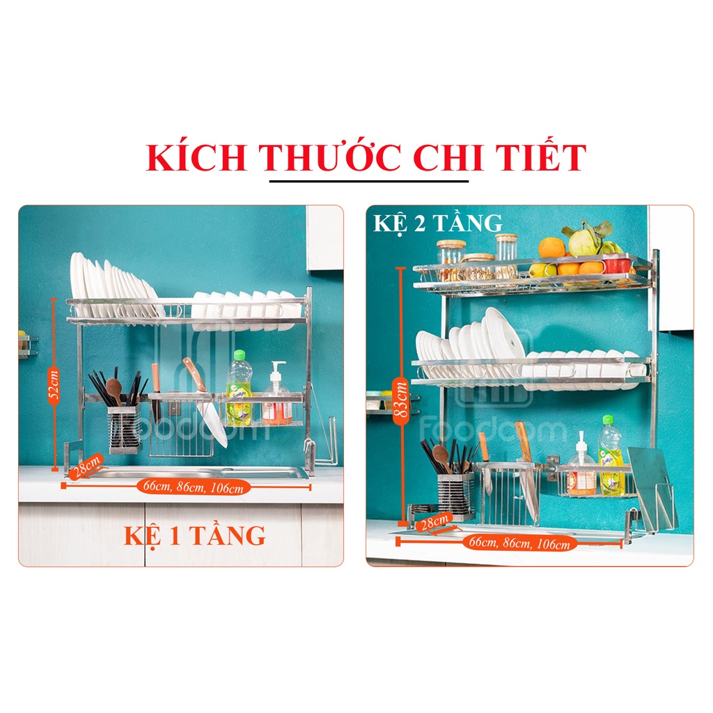 Kệ chén bát inox liền khối - cao cấp Foodcom - Made in VN 2 size - 1 tầng