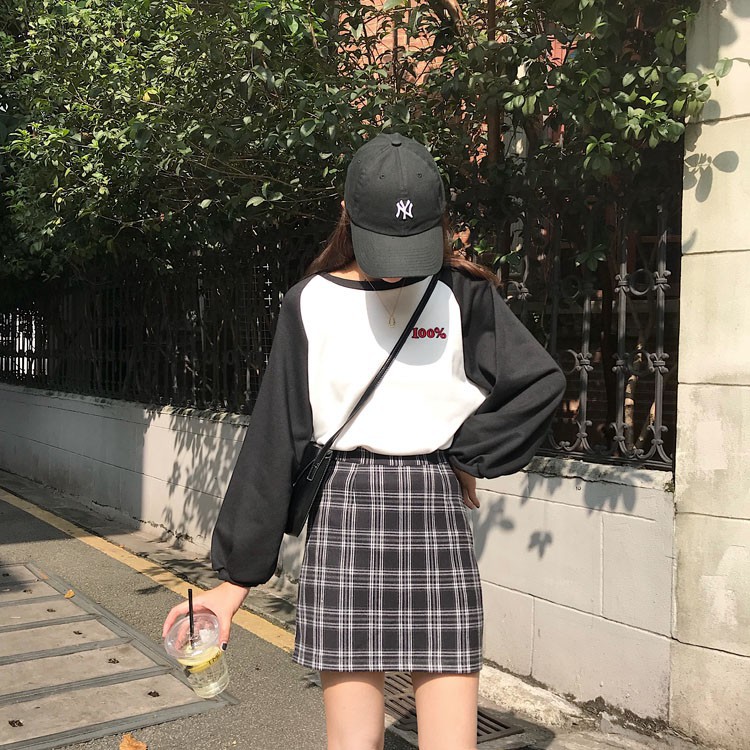 SUXI Chân váy midi lưng cao họa tiết sọc caro phong cách Hàn Quốc