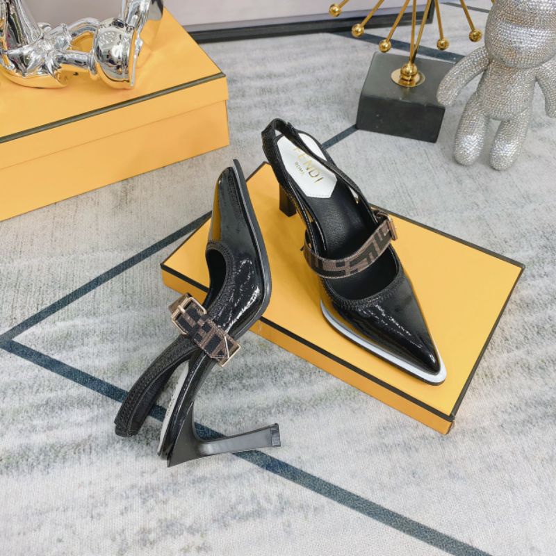 Giày cao gót fendii hở gót da bóng gót gỗ