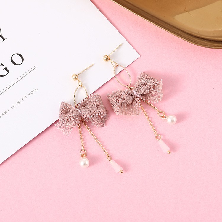 Khuyên tai ren nơ ngọc bông tai trang sức phụ kiện nữ phong cách Hàn Quốc thiết kế sáng tạo đẹp thời trang