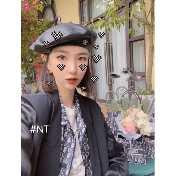 Mũ nồi Beret da bóng cao cấp, màu đen quyến rũ, logo Di'or đồng sáng bóng sang chảnh