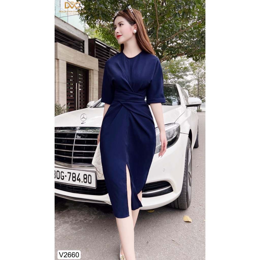 VÁY TECK XANH THAN DÂY EO XẺ V2660 - DOLCE VIVA COLLECTION