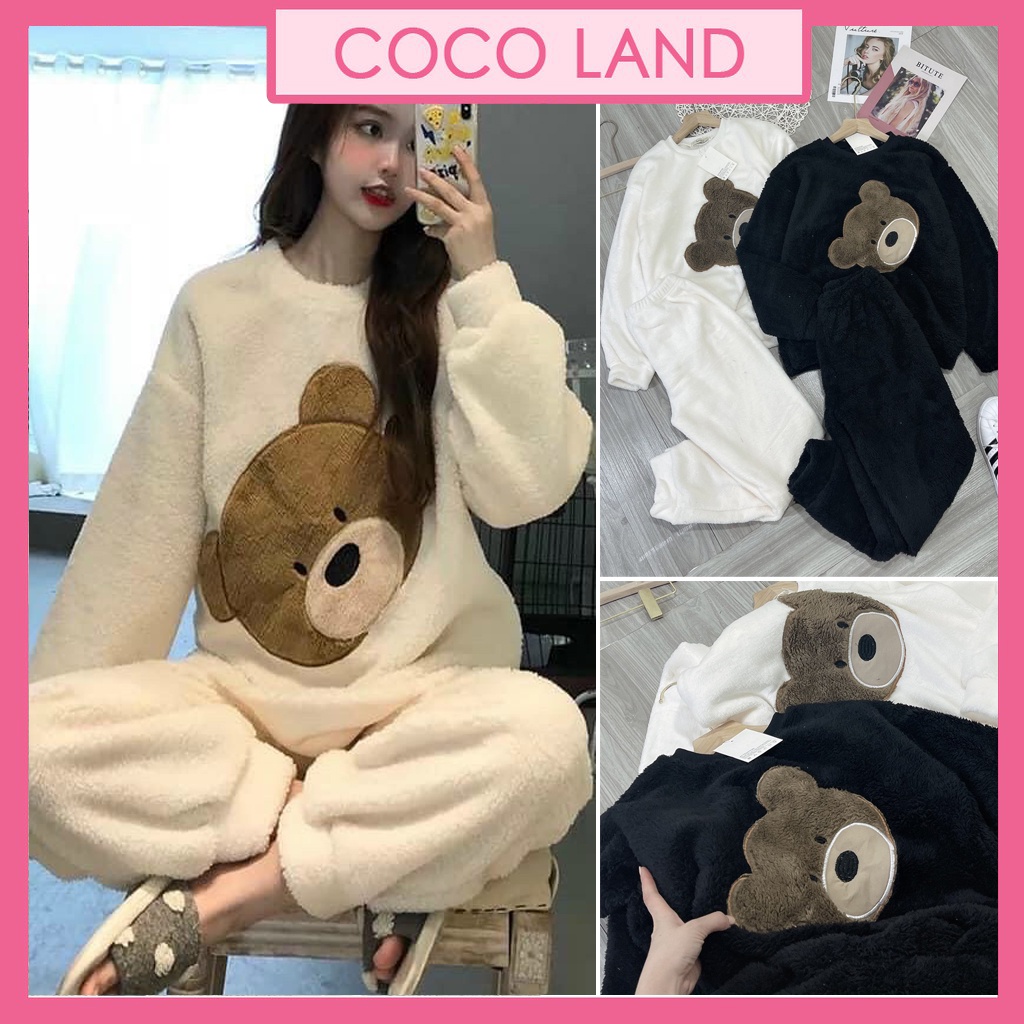 Bộ mặc nhà nữ, bộ ngủ gấu lông 2 mặt mềm mại ulzzang Bộ Pijama Nữ Cổ Viền, Đồ Ngủ Tay Dài Siêu dày