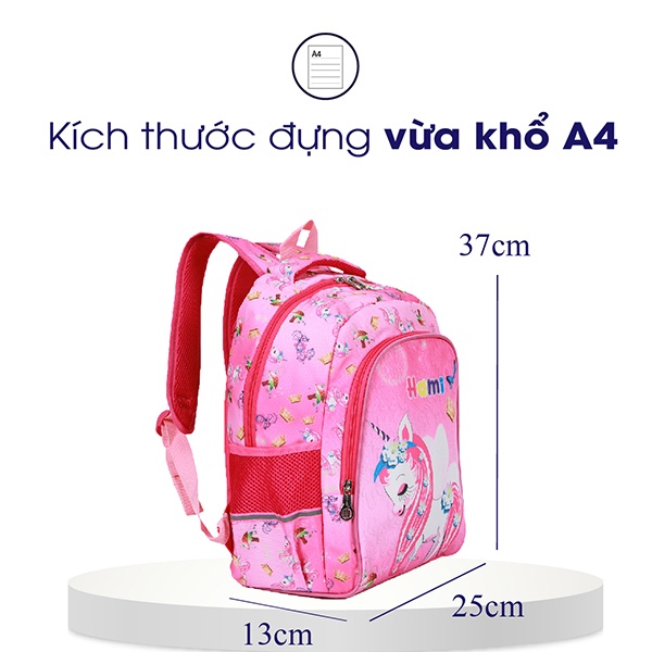 Balo học sinh chống gù Hami 1508 Pony, balo đi học cấp 1 cho bé gái siêu nhẹ, chống thấm nước