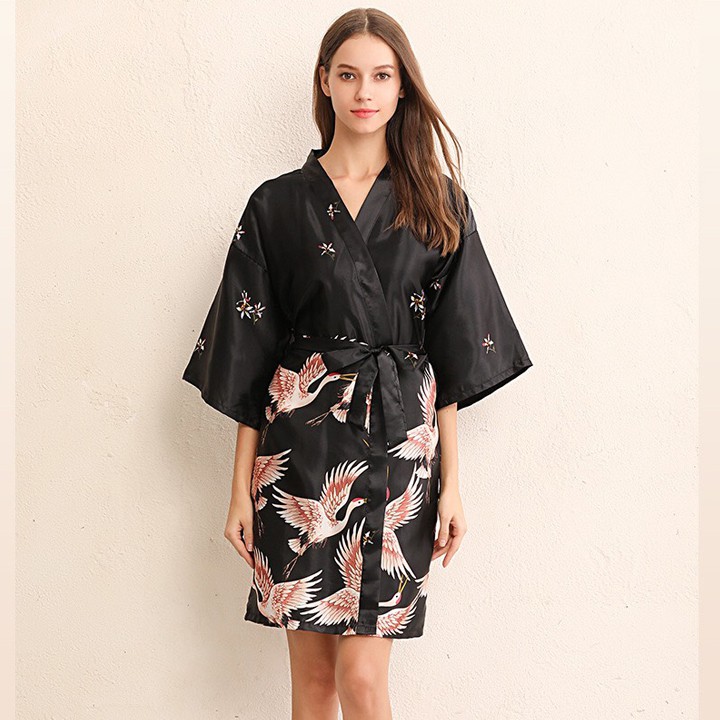 Áo choàng ngủ kiểu kimono in hình chim hạt sang trọng với 4 màu siêu hot
