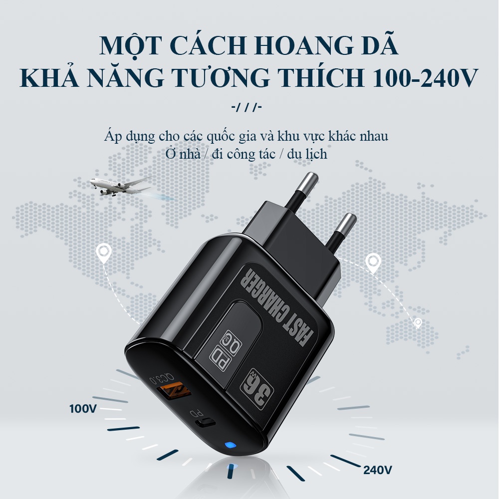 Sạc nhanh 36w cổng kép USB QC3.0 và PD, thích hợp cho điện thoại di động, pin sạc dự phòng, máy tính bảng đầu sạc nhan