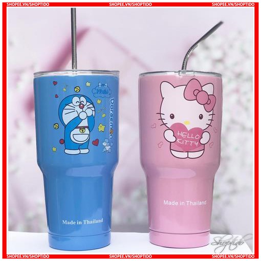 Ly giữ nhiệt inox 900ml hình doraemon, kitty tặng kèm ống hút và túi vải NPP Shoptido