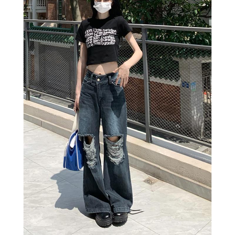 Quần jean ống rộng cạp cao rách gối thời trang hè 2022 cho nữ