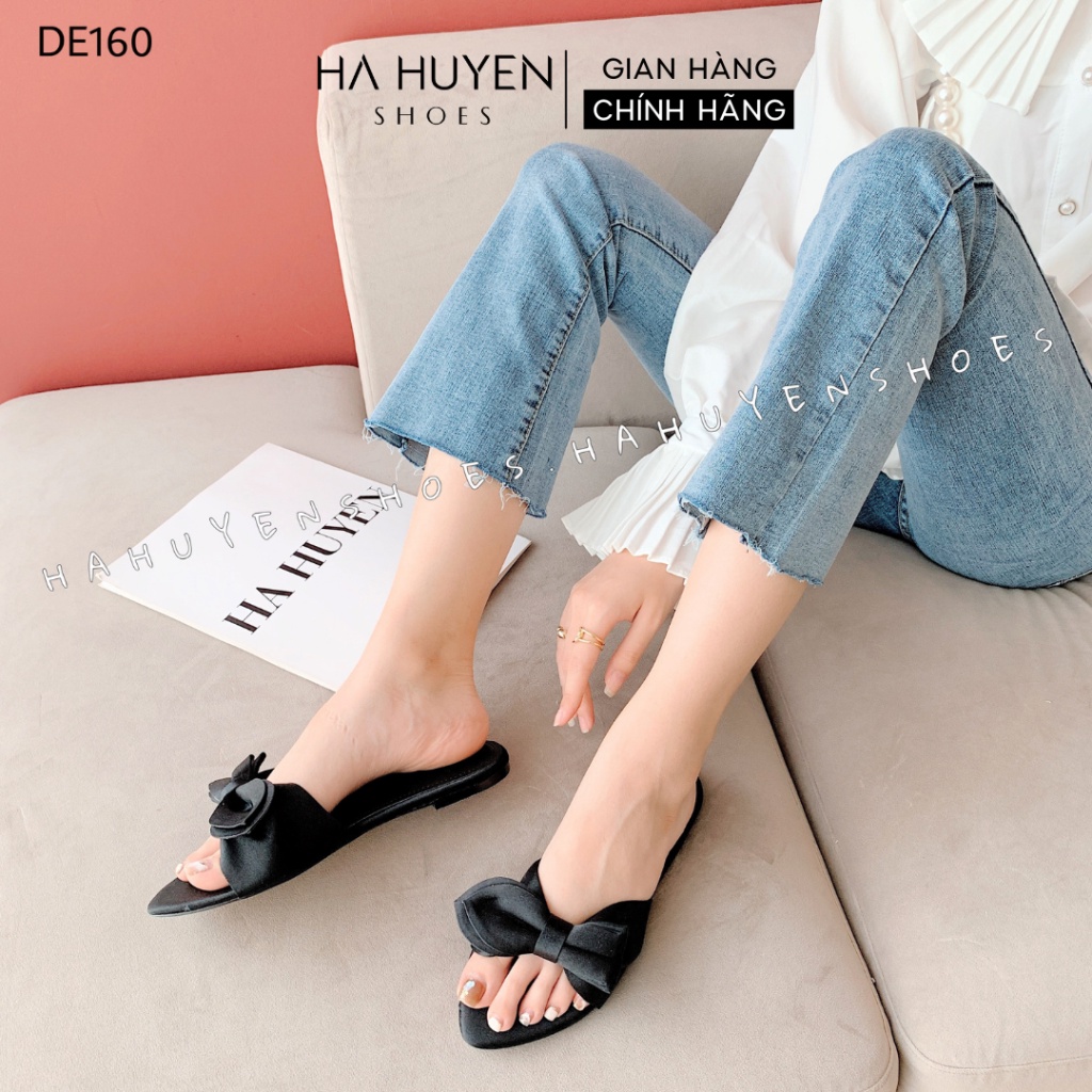 Dép nữ thắt nơ lụa Hà Huyền Shoes mũi nhọn hở ngón thời trang - DE160