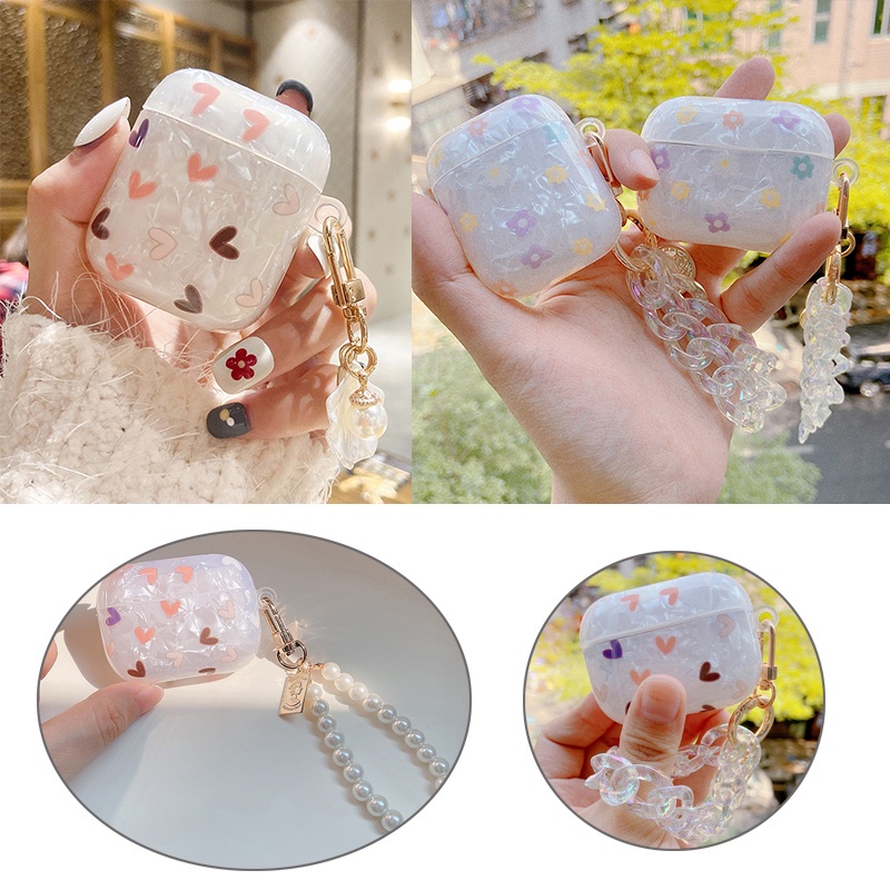 Vỏ Bảo Vệ Hộp Sạc Tai Nghe Bluetooth Airpods 1 2 3 Pro Họa Tiết Vỏ Sò Kèm Dây Đeo Tay Kiểu Hàn Quốc