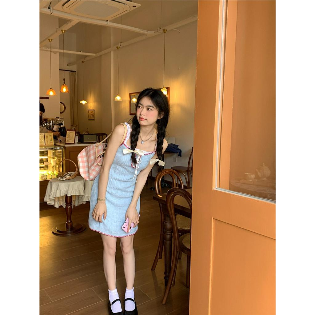 Đầm Dây Vải Dệt Kim Phối Ren Màu Sắc Tương Phản Thời Trang Nữ 63305