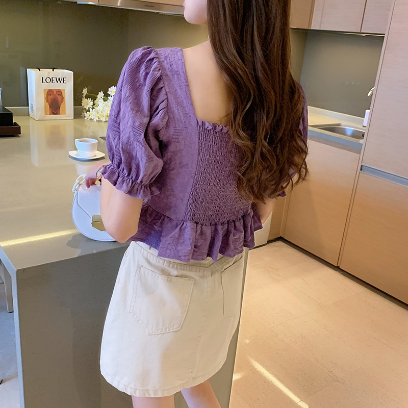 Áo Peplum Màu Trơn Phối Bèo Phong Cách Hàn Quốc