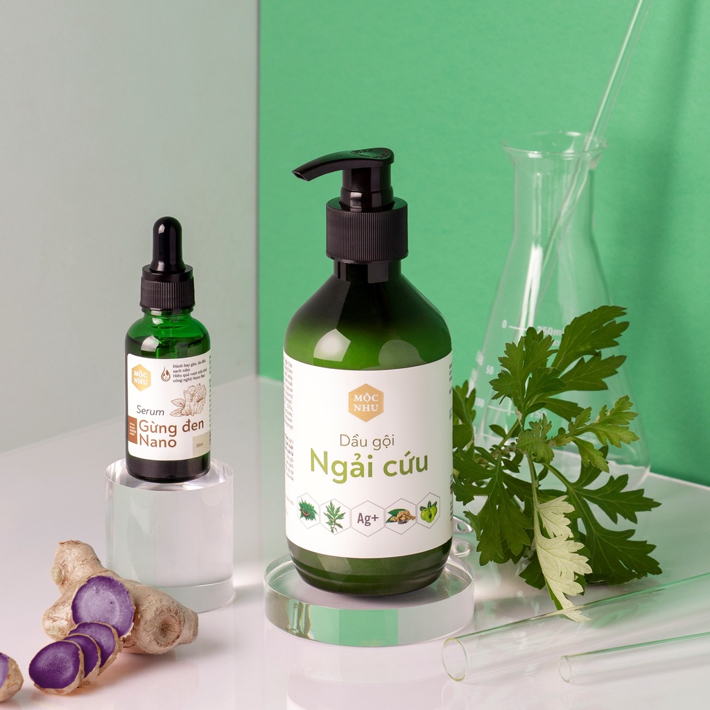 [Mộc Nhu] Bộ đôi dầu gội Ngải cứu &amp; serum gừng đen Nano -  Giảm Gàu Ngứa - Giảm Nấm Da Đầu - Tặng 1 diêm vĩnh cửu