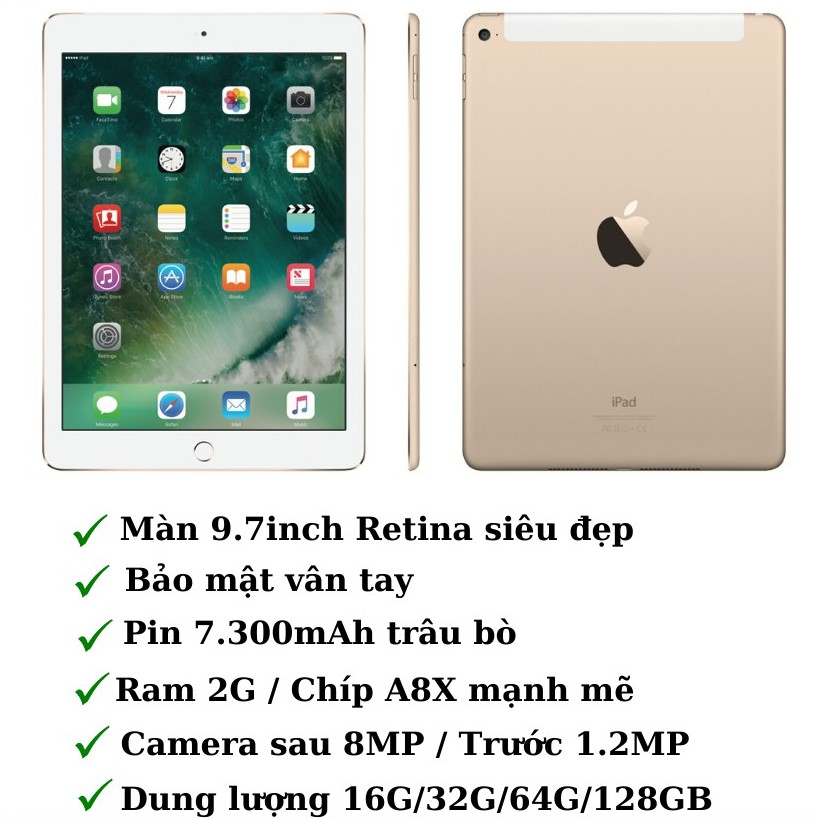 Máy tính bảng iPad Air 2 (Wifi + 4G) 32GB /64G /128GB Chính Hãng - Zin Đẹp 99% - Máy mỏng - Màn đẹp - APPLE88 | BigBuy360 - bigbuy360.vn