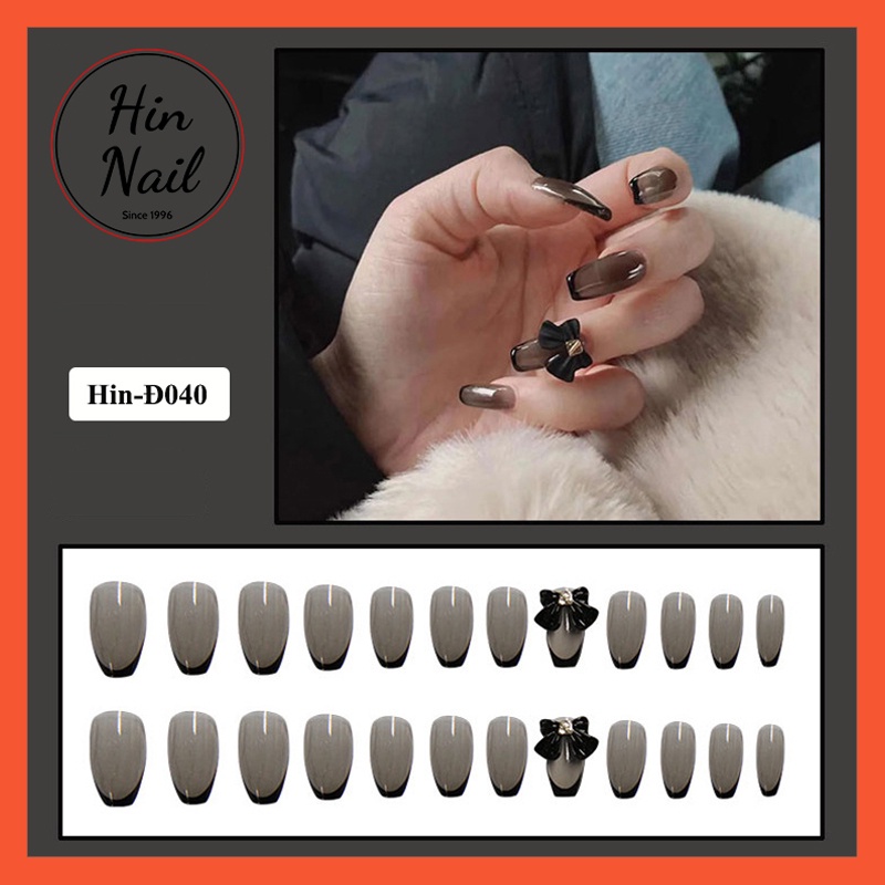 móng giả đính nơ Hin Nail màu đen form dài