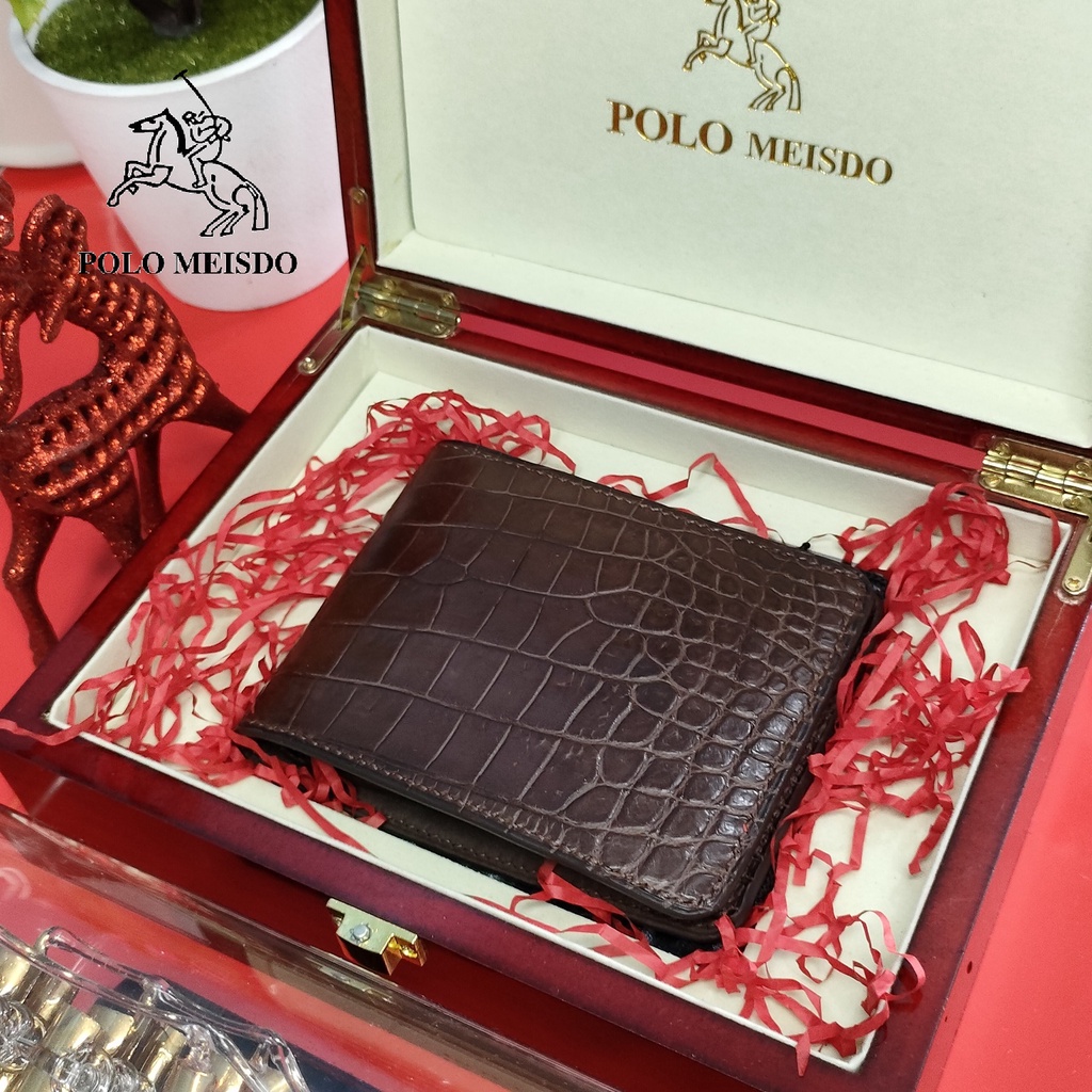 Ví Nam Cao Cấp Hàng Hiệu POLO MEISDO Da Cá Sấu Thật 100% FullBox Hộp Gỗ Làm Quà Tặng, Quà Biếu