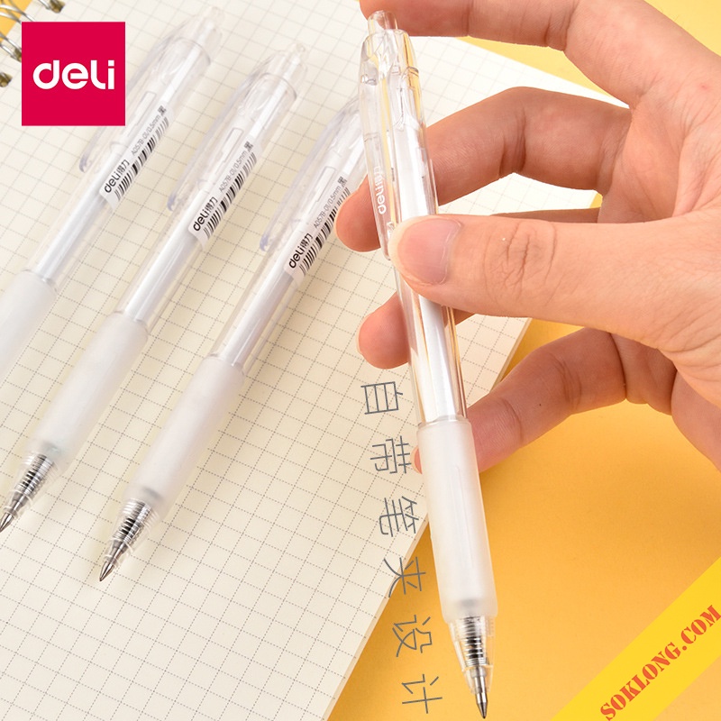 Bút bi mực nước Deli trong suốt nét 0.5mm SOKLONG, ruột bút gel Deli refill thay thế mực Xanh/ Đen