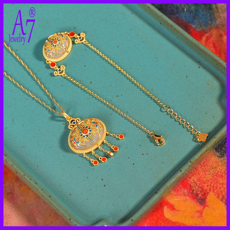 Vòng tay dây chuyền mặt hoa đính đá ngọc bích phong cách dân tộc cổ điển