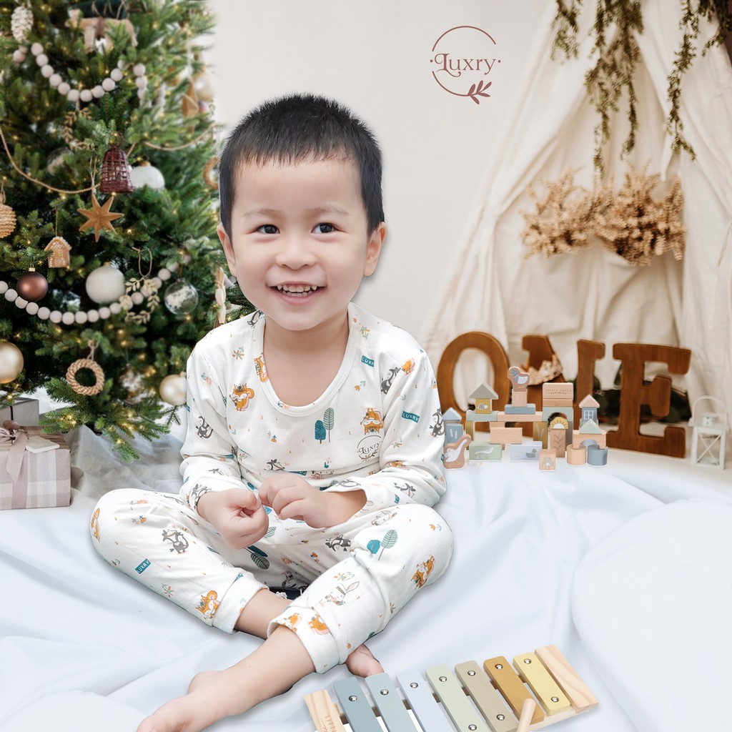 Bộ quần áo dài tay thu đông vải sợi tre 2 lớp siêu mềm mịn, ấm áp họa tiết dễ thương nhà Luxry cho bé