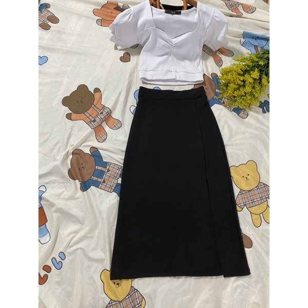 váy dài xẻ đùi kèm áo croptop tay phồng nguyên set dự tiệc dạo phố siêu xinh-S3xưởng 21A
