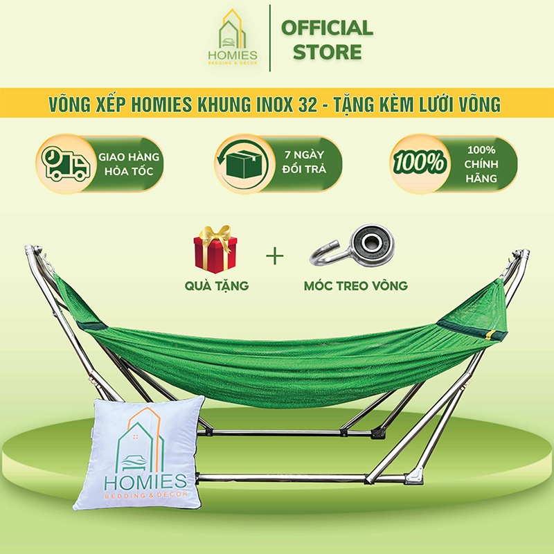 Võng Xếp HOMIES Khung Inox Tròn Phi 32 - Tặng Kèm Lưới Võng ( Chịu trọng lực 150kg )