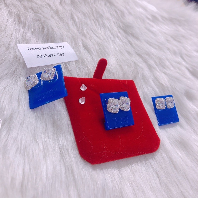 Bông tai nữ bạc thật đính đá vuông trẻ trung, lấp lánh/ Trang sức bạc JQN