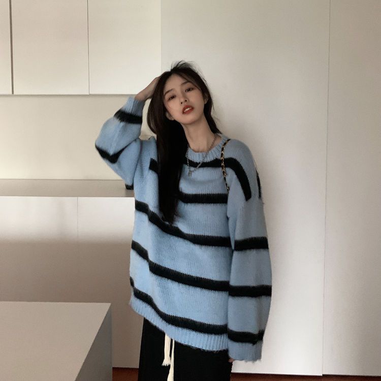 Áo sweater Dệt Kim Cổ Tròn Kẻ Sọc Màu Sắc Phong Cách Nhật Bản Thời Trang Thu Đông Cho Nữ