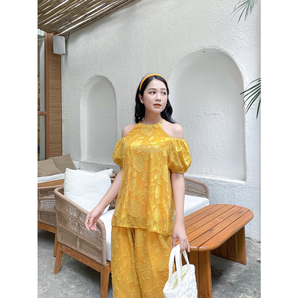 Set quần suông và áo yếm vải tơ thêu hoa hồng khoét vai sang chảnh cho nàng béo bụng hoặc mẹ bầu DG 4292