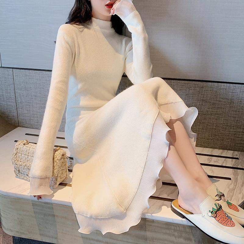 🎀Đầm váy len cổ cao dáng dài phối voan ren Quảng Châu QC65