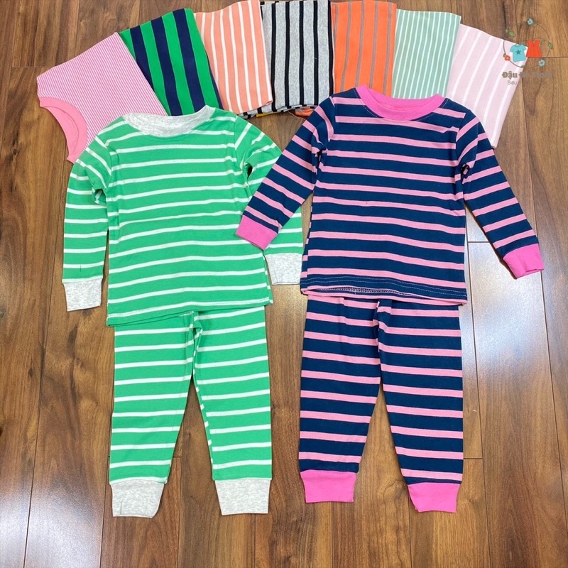 Bộ dài tay Bé Trai Bé Gái kẻ thun cotton size 9-22kg - Bộ kẻ thu đông vải xuất dư