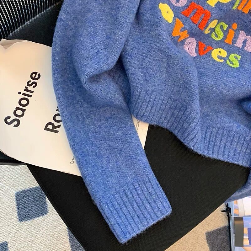 Áo Sweater Dệt Kim In Chữ Dáng Rộng Thời Trang Mùa Thu Mới Cho Nữ