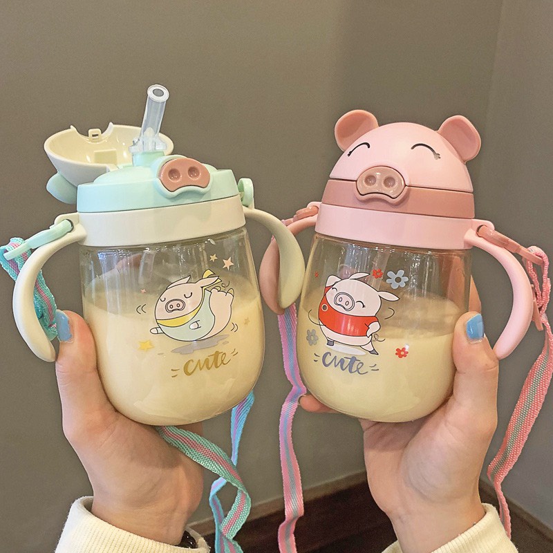 Bình tập uống nước cho bé ống hút có van chống sặc cho bé tập hút an toàn thể tích 415ml hình heo dễ thương