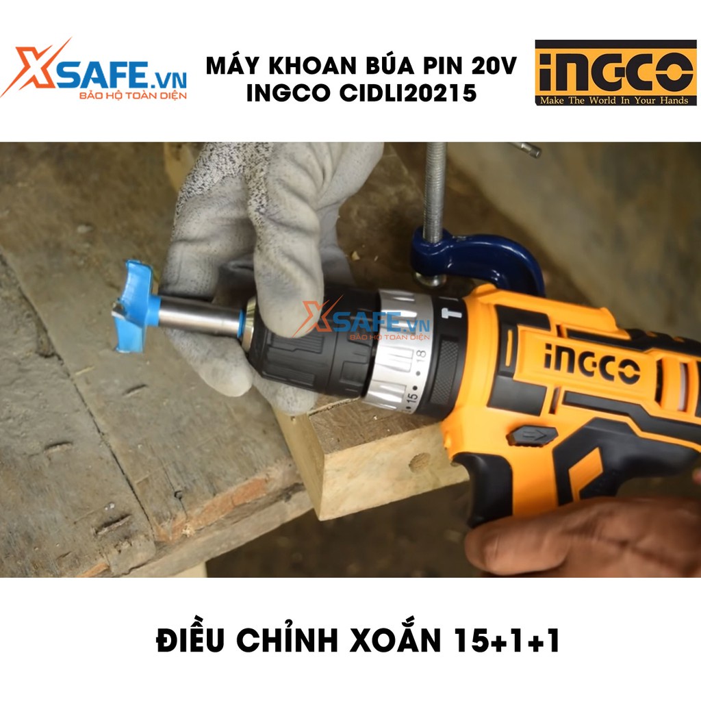 Máy khoan búa pin INGCO CIDLI200215 20V tốc độ búa 22500/ph, nhôm cơ khí 2 tốc độ, kèm 2 pin 2Ah, 1 sạc tiện lợi