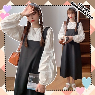 SV006 Bộ yếm kaki đen và áo sơ mi trắng tay bồng tiểu thư nữ tính, bộ váy hai dây dài suông và áo chất đũi cute babydoll