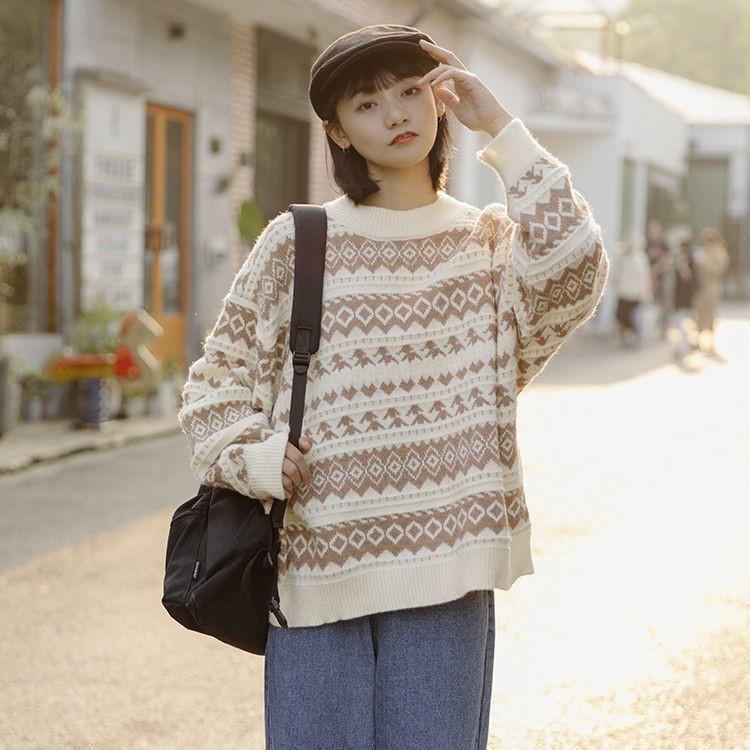 Áo len dáng rộng cổ tròn kiểu học đường phong cách Harajuku cổ điển mới dành cho nữ