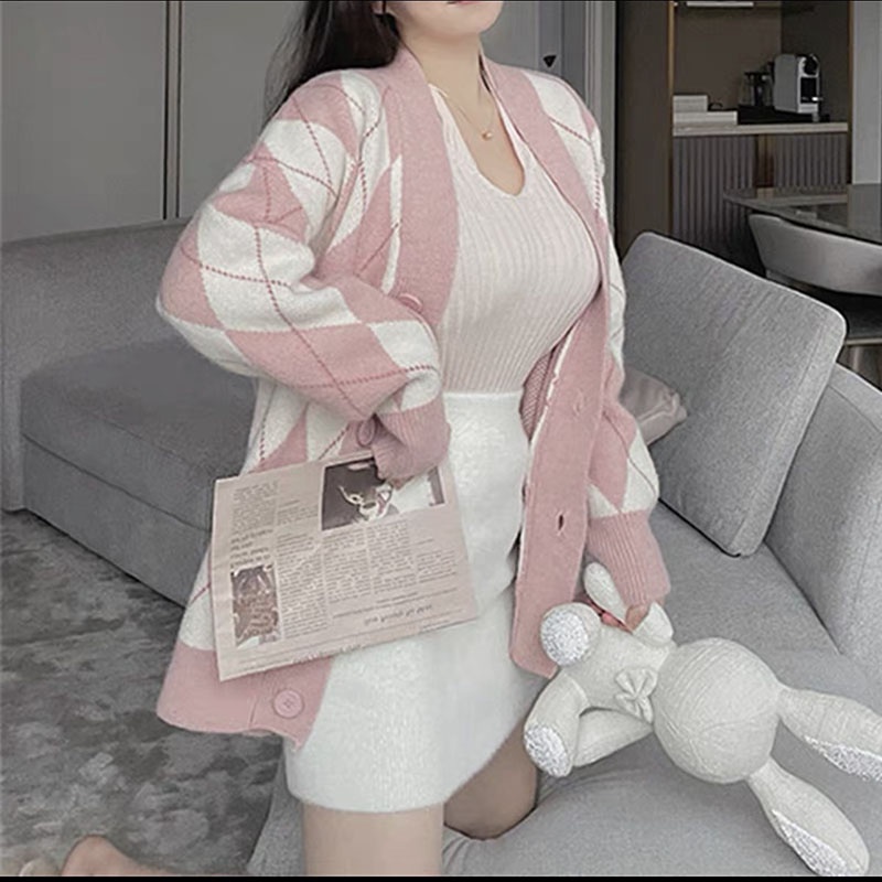 Áo Khoác Cardigan Len Họa Tiết Kim Cương 2 Màu M0759-Violet