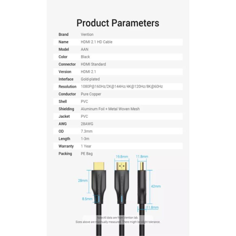 Dây Cáp HDMI 2.1 VENTION 48gbps hỗ trợ 3D HDR eARC 4K/120Hz 8K/60Hz 2K/144Hz