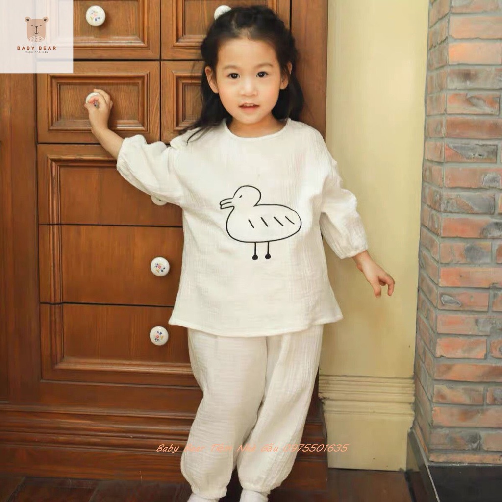 (Hàng cao cấp) Bộ Quần Áo Phong Cách Hàn Quốc In Hình Vit Kẻ Nâu và Trắng Chất Liệu Đũi Cho Bé Trai Bé Gái